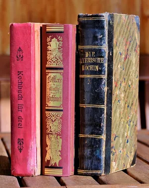 三，各种书名，棕色，板条，桌子，食谱，书籍，古董