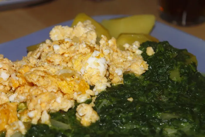 菠菜，炒蛋，土豆，吃，食物，烹饪，法庭，美味