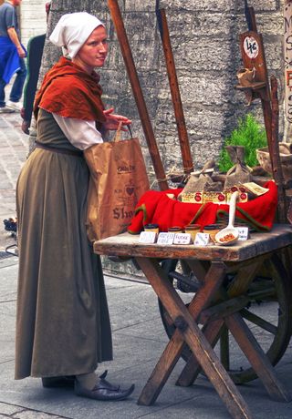 中世纪，服装，服装，女人，市场摊位，历史，老汉莎，老汉莎