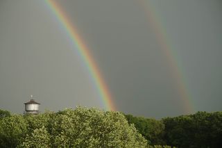 水塔，彩虹，双彩虹，树，自然之美，植物，风景-自然，多色