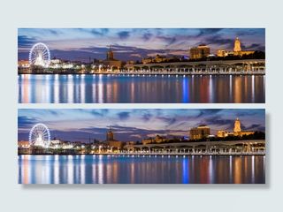 城市，灯光，夜晚，天际线，摩天轮，全景，全景，河流