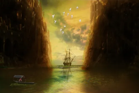 帆船、船体、水、日落、照片处理、照片蒙太奇、海湾水域、帆船