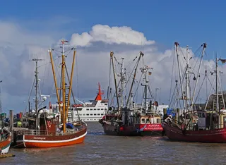 渔船，sielhafen，渔船，sielhafen，轮渡码头，neuharlingersiel，渔港，切割机，轮渡