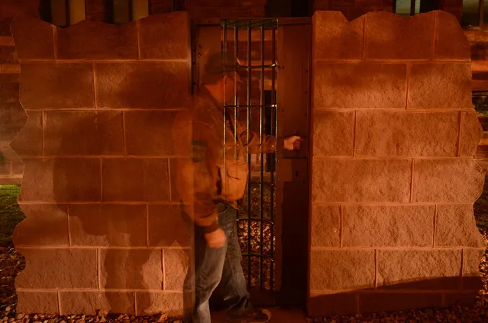 守卫, *, 夜, 墙, 防盗, 一个人, 站立, 架构