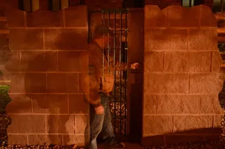 守卫, *, 夜, 墙, 防盗, 一个人, 站立, 架构