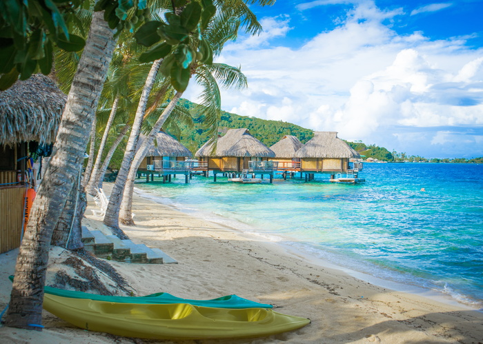 皮艇、海岸线、shed、bora bora、mountain、ocean、pacific、波利尼西亚