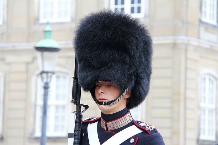 特写照片，英国士兵，警卫，制服，男人，帽子，黑色毛皮帽子，警卫换岗