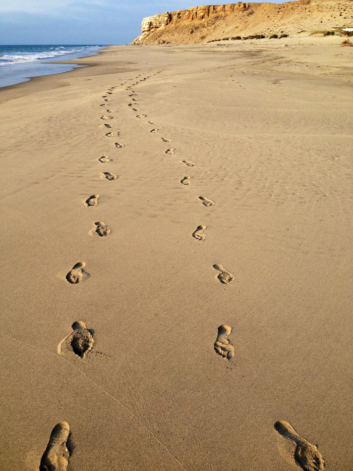照片，脚印，海岸，晴朗，蓝色，天空，白天，海滩