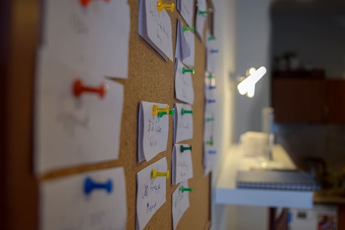 别针、钉板、团队、任务、流程、室内、公告板、选择性聚焦