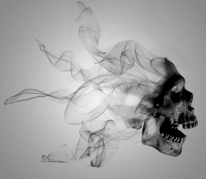 头骨插图，艺术，头骨，烟雾，黑白，头骨，黑色，死亡