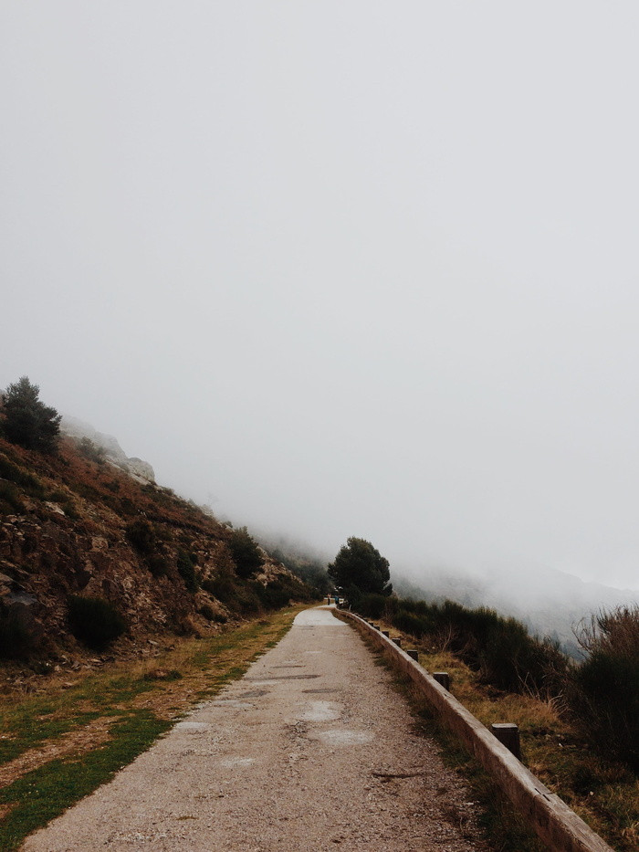灰色道路，灰色，道路，棕色，乡村，雾，草，山脉