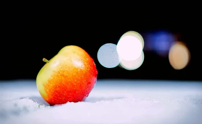 苹果，菠萝，食品，水果，宏，雪，冬天，新鲜度