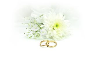 对, 金色订婚戒指, 旁边, 白, 鲜花, 婚礼, 戒指, 结婚
