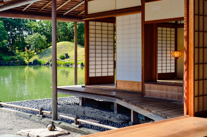 棕色、白色、木质、房屋、景观、花园、日本、日本文化
