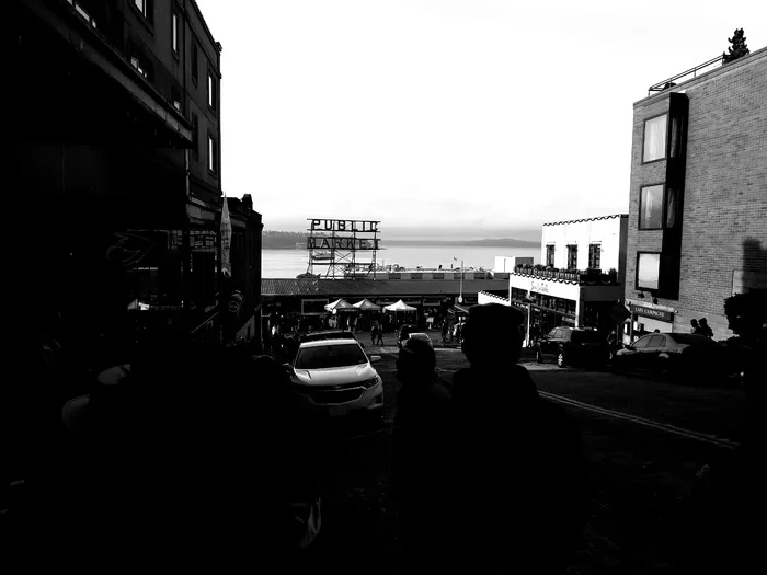 西雅图, 美国, 1530 第一大道, 派克市场, 标志, 黑与白, 华盛顿, 建筑