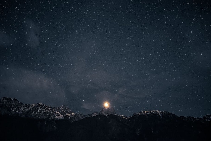 黑色，蓝色，灰色，风景，山脉，夜晚，星星，冬天