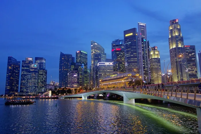 新加坡，桥，河，夜景，桥，河流，夜，城市景观，城市天际线