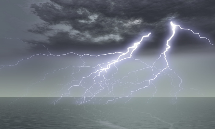 风景、闪电、天空、夜晚、大海、风暴、大自然的力量