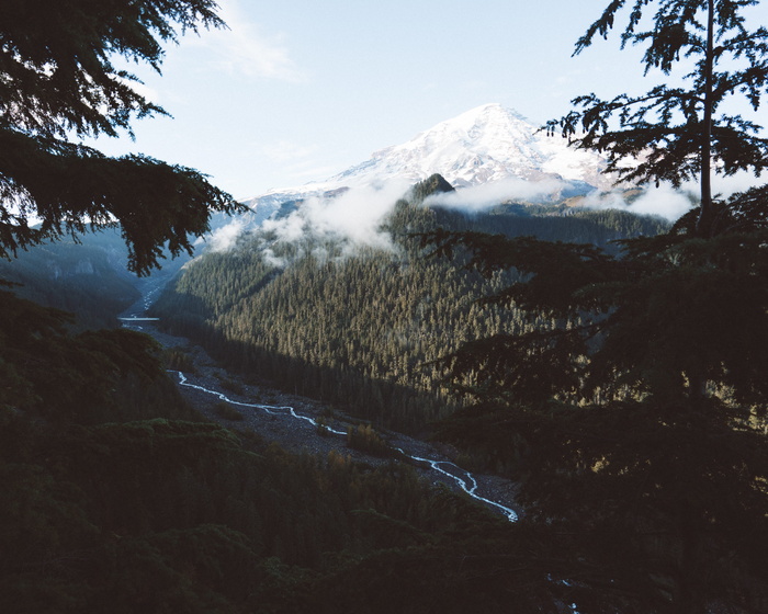 美国，雷尼尔山国家公园，溪流，小溪，山脉，火山，雪，山峰