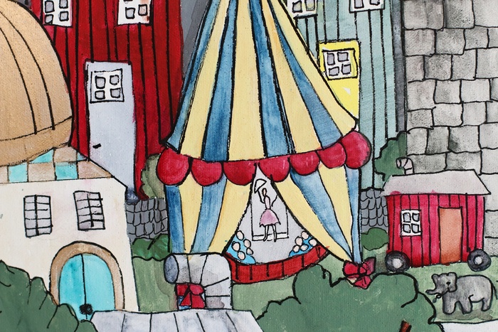 蓝色，黄色，狂欢节帐篷插画，艺术，水彩画，盘子，马戏团，多色