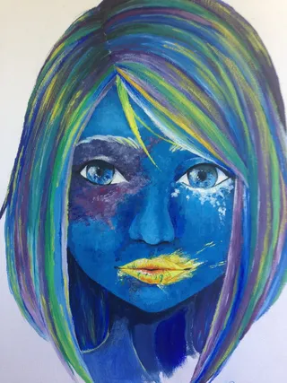 肖像，图片，蓝色女孩，工作室拍摄，看着相机，一个人，绘画，室内