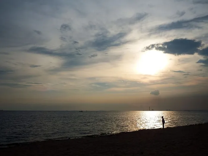 日落时分，海边的海滩上出现了一个人影