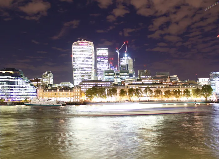 伦敦，英国，长曝光，夜间伦敦，对讲机，leadenhall大楼，河流交通，伦敦市