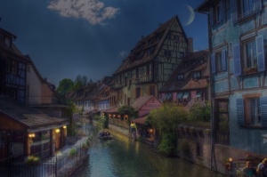 运河，建筑绘画，科尔马，阿尔萨斯，法国，夜晚，风景如画，照片过滤器