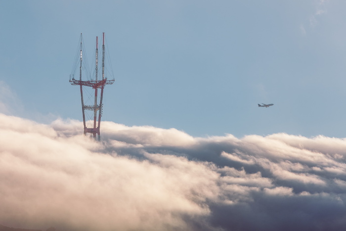 旧金山, 苏特罗, 塔, 云, 雾, 飞机, 天空, 云-天空