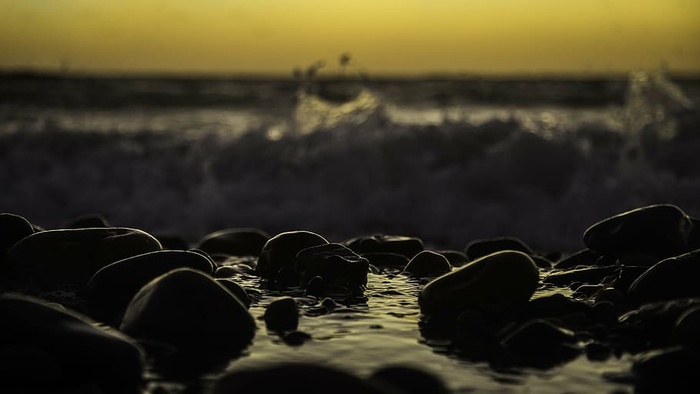 黎明，景深，黄昏，卵石，岩石，剪影，水，日落