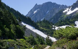 自然，瀑布，探索，景观，岩石，雪，树，山