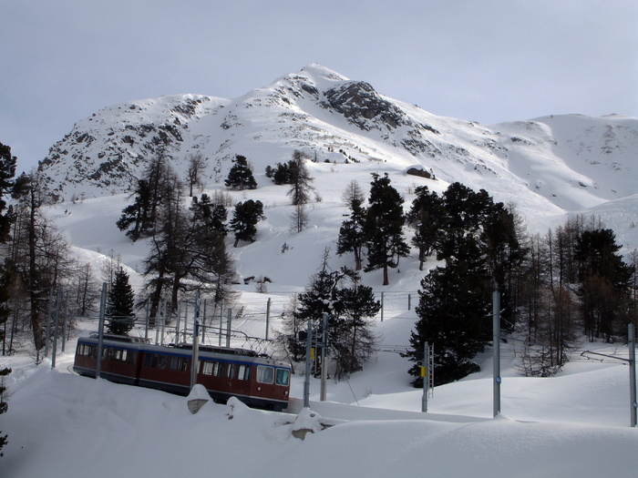 山地、齿轮火车、瑞士、景观、雪、低温、冬季、树木