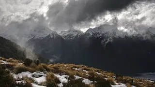山脉，雪，旁边，水，冰川，山脉，灰色，云
