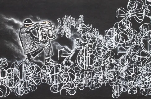 素描，人，拿着，boombox，播放，音乐，背景，墙壁艺术