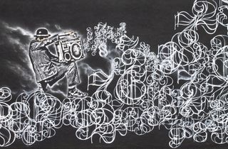 素描，人，拿着，boombox，播放，音乐，背景，墙壁艺术