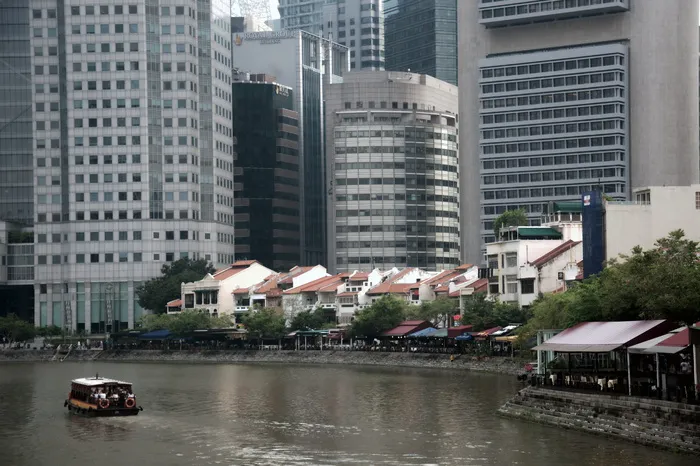 新加坡, 莱佛士登陆站点码头, 船码头, 市中心, 摩天大楼, 河, 现代建筑, 天际线