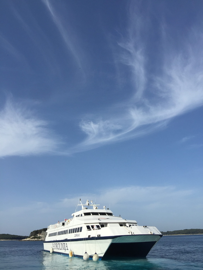 白天，白色巡洋舰在水体上航行