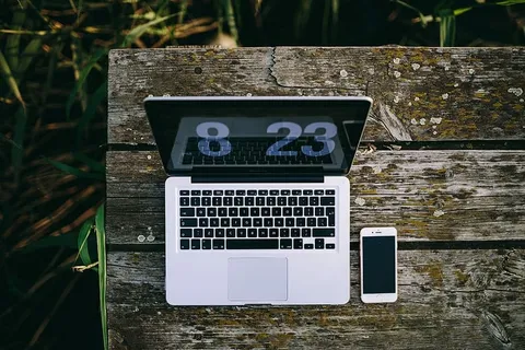 在湖边开发Macbook的人