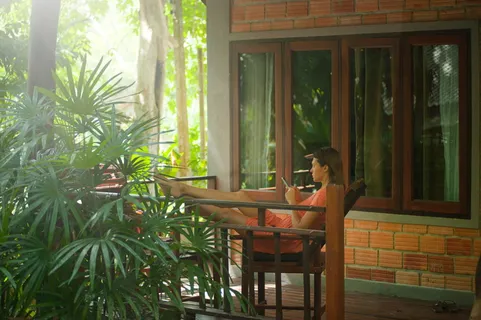 女人，度假，手机，旅行，度假，圣诞树，酒店，房间