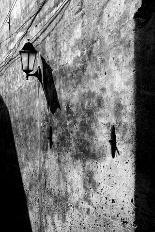 灯，墙，斑驳，斑驳，光影，黑白，建筑，没有人