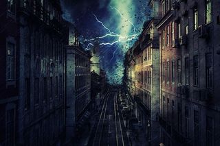 城市，雨，风暴，闪电，龙卷风，毁灭，毁灭