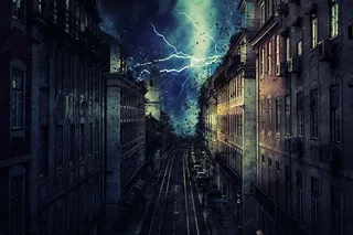 城市，雨，风暴，闪电，龙卷风，毁灭，毁灭