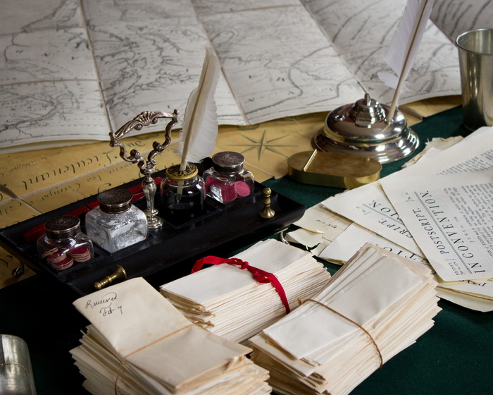 历史，威廉斯堡，书桌，静物，羽毛，地图，羽毛笔，墨水