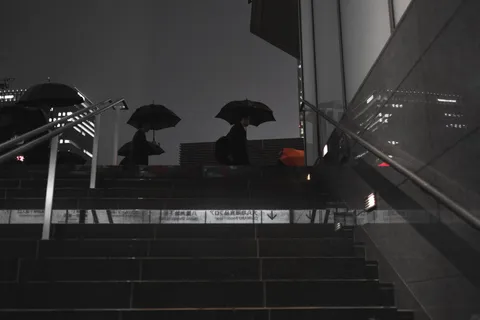 东京，日本，红色，黑色，雨伞，城市，楼梯，夜晚