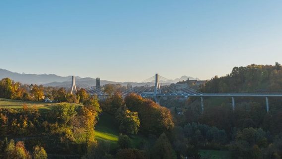瑞士，弗里堡，天空，蓝色，秋天，桥梁，风景，树木