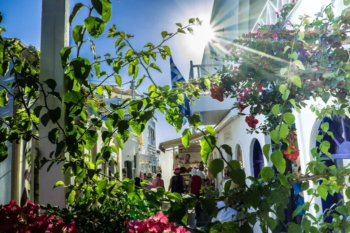 oia、圣托里尼、希腊、花卉、太阳星、天空、建筑、岛屿