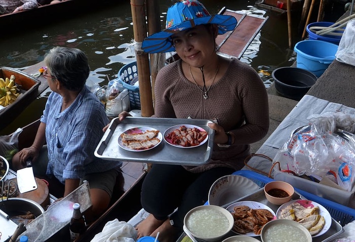 漂浮市场，曼谷，泰国，女士，女士，食物，烹饪，帽子
