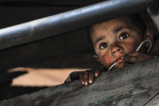 婴儿在灰色木板上的照片