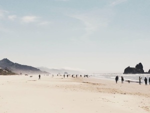 海滩、雾、雾、山、自然、海洋、人、岩石