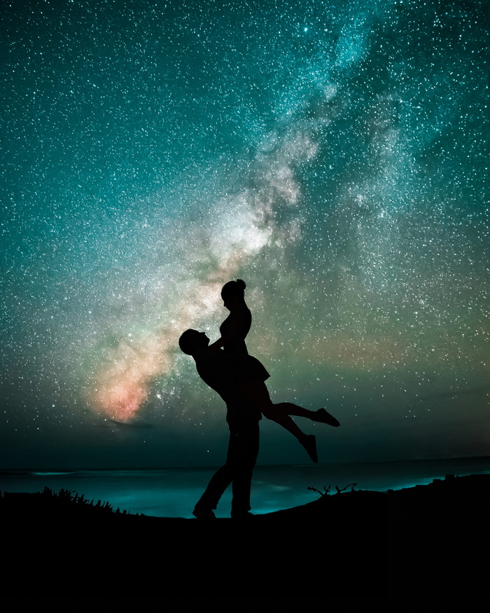 情侣，夜晚，星星，奶路，影子，人，户外，剪影